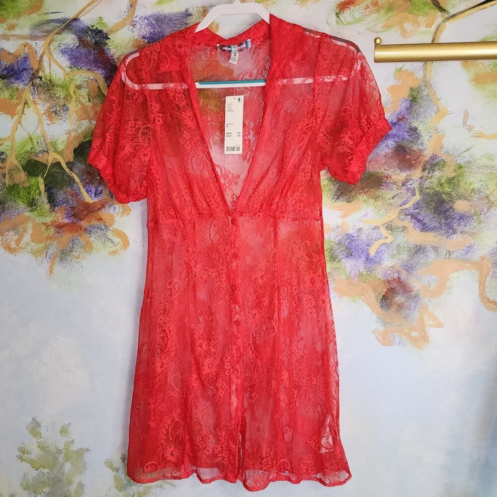 Urban Outfitters Red Button Up Lace Mini Dress M